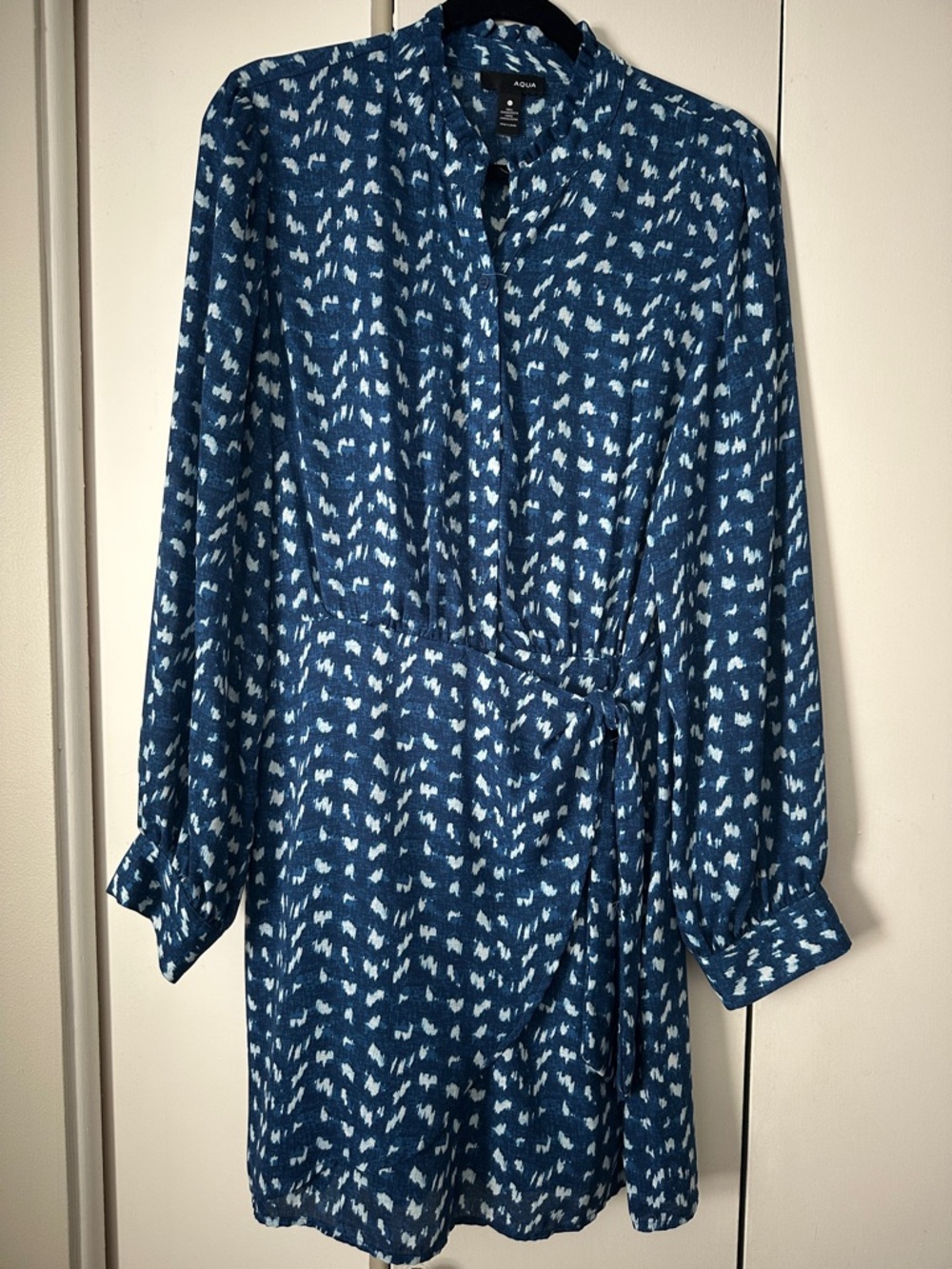 Aqua Blue and White Patterned faux wrap dress